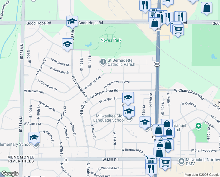 map of restaurants, bars, coffee shops, grocery stores, and more near 8122 West Green Tree Road in Milwaukee