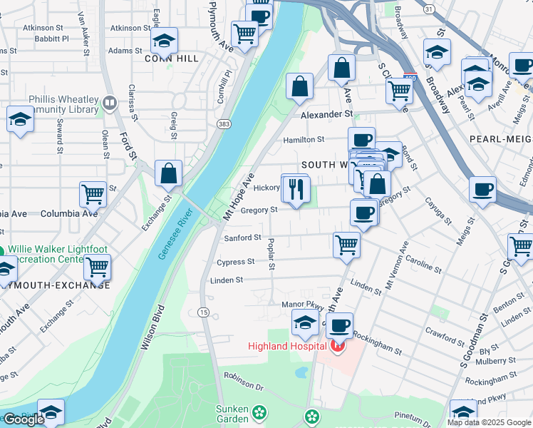 map of restaurants, bars, coffee shops, grocery stores, and more near 71 Gregory Street in Rochester