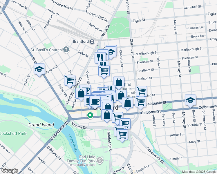map of restaurants, bars, coffee shops, grocery stores, and more near 70 Wellington Street in Brantford