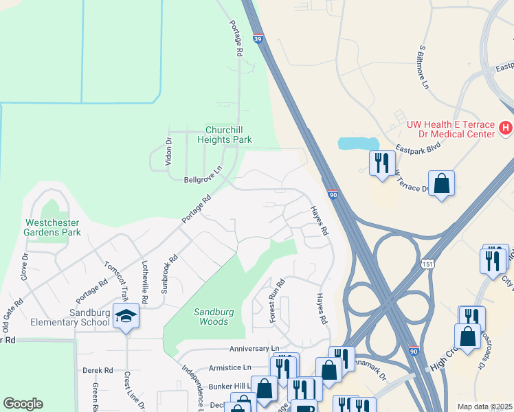 map of restaurants, bars, coffee shops, grocery stores, and more near 820 East Village Green Lane in Madison