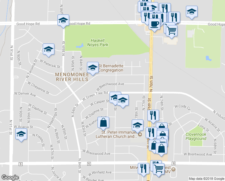 map of restaurants, bars, coffee shops, grocery stores, and more near 8010 West Green Tree Road in Milwaukee