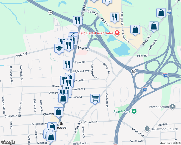 map of restaurants, bars, coffee shops, grocery stores, and more near 108 Sunnybrook Drive in North Syracuse