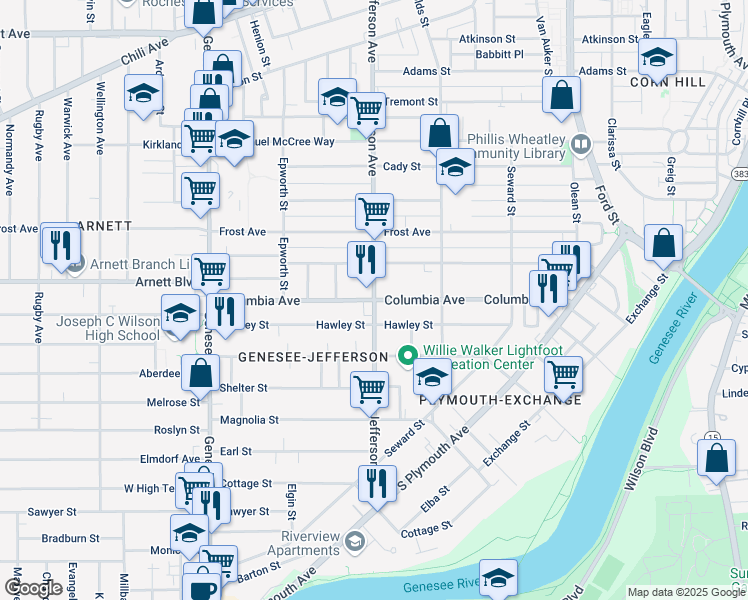 map of restaurants, bars, coffee shops, grocery stores, and more near Jefferson Avenue & Columbia Avenue in Rochester