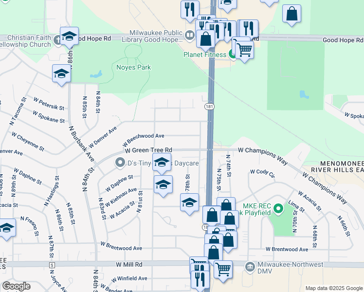 map of restaurants, bars, coffee shops, grocery stores, and more near 7812 West Green Tree Road in Milwaukee
