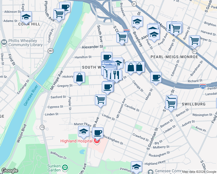 map of restaurants, bars, coffee shops, grocery stores, and more near in Rochester