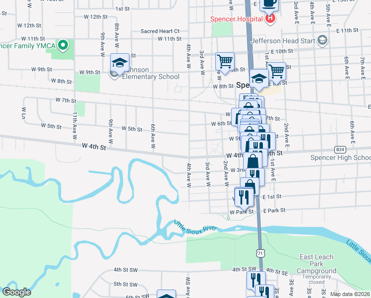 map of restaurants, bars, coffee shops, grocery stores, and more near 409 West 4th Street in Spencer