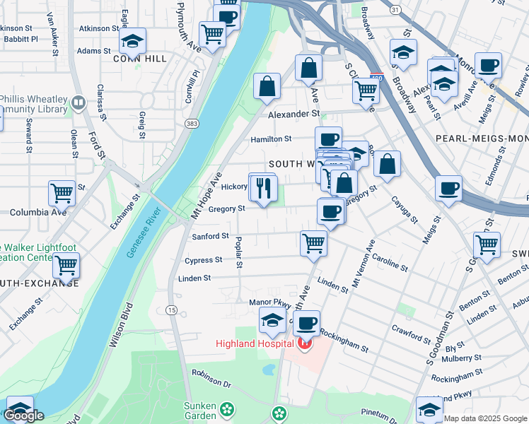 map of restaurants, bars, coffee shops, grocery stores, and more near 153 Ashland Street in Rochester