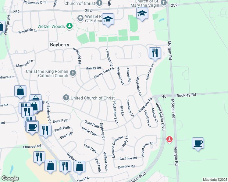 map of restaurants, bars, coffee shops, grocery stores, and more near 24 Indian Orchard Lane in Liverpool