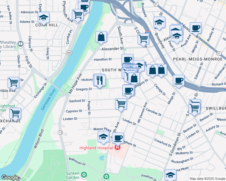 map of restaurants, bars, coffee shops, grocery stores, and more near 197 Gregory Street in Rochester