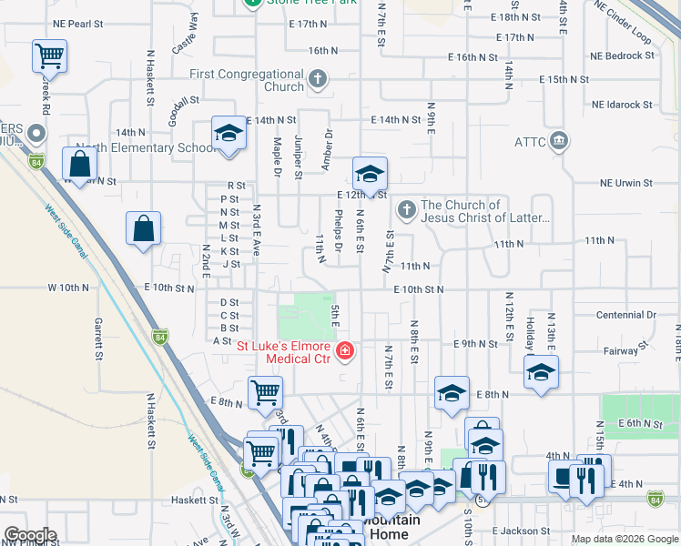map of restaurants, bars, coffee shops, grocery stores, and more near 575 Phelps Circle in Mountain Home