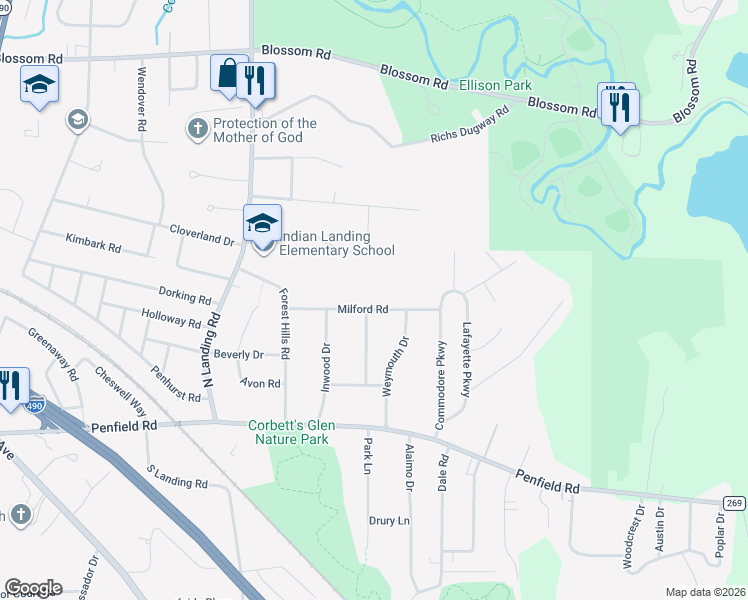 map of restaurants, bars, coffee shops, grocery stores, and more near 70 Milford Road in Rochester