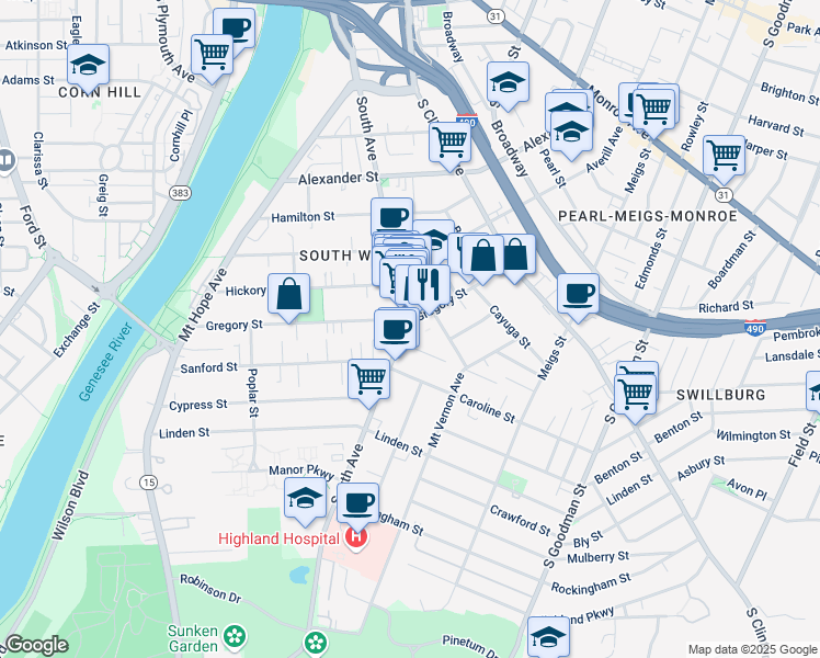 map of restaurants, bars, coffee shops, grocery stores, and more near 700 South Avenue in Rochester