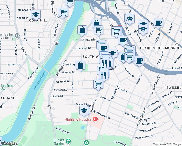 map of restaurants, bars, coffee shops, grocery stores, and more near 197 Gregory Street in Rochester