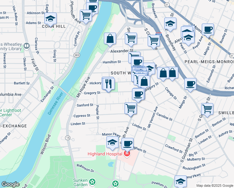 map of restaurants, bars, coffee shops, grocery stores, and more near 197 Gregory Street in Rochester