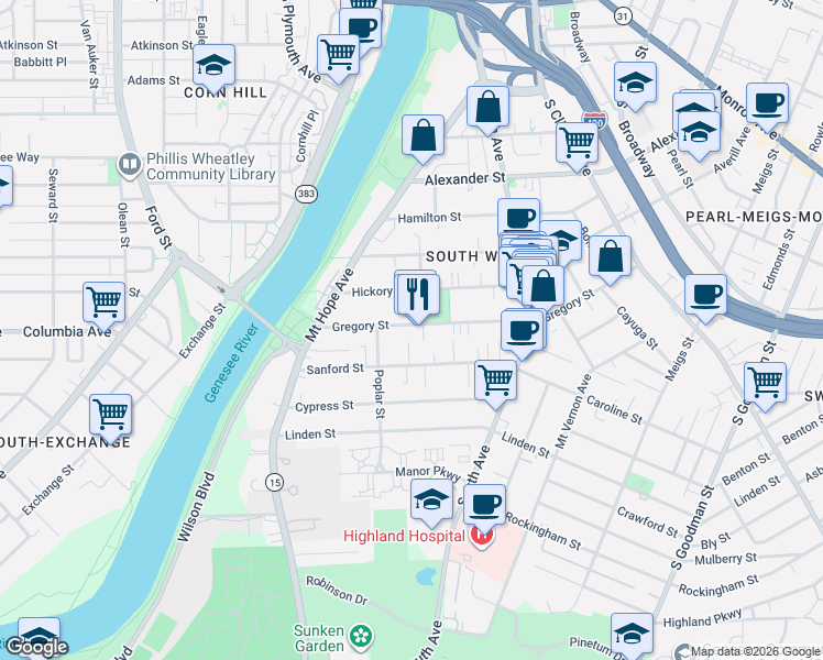 map of restaurants, bars, coffee shops, grocery stores, and more near 164 Ashland Street in Rochester