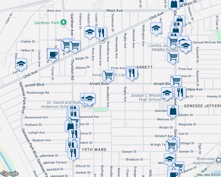 map of restaurants, bars, coffee shops, grocery stores, and more near 267 Woodbine Avenue in Rochester