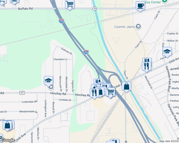 map of restaurants, bars, coffee shops, grocery stores, and more near 86 Hamlet Court in Rochester