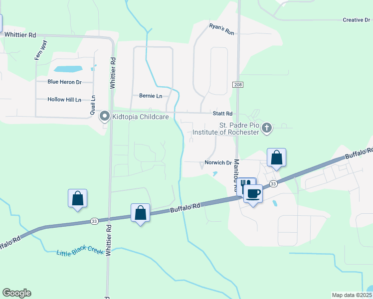 map of restaurants, bars, coffee shops, grocery stores, and more near 158 Norwich Drive in Rochester
