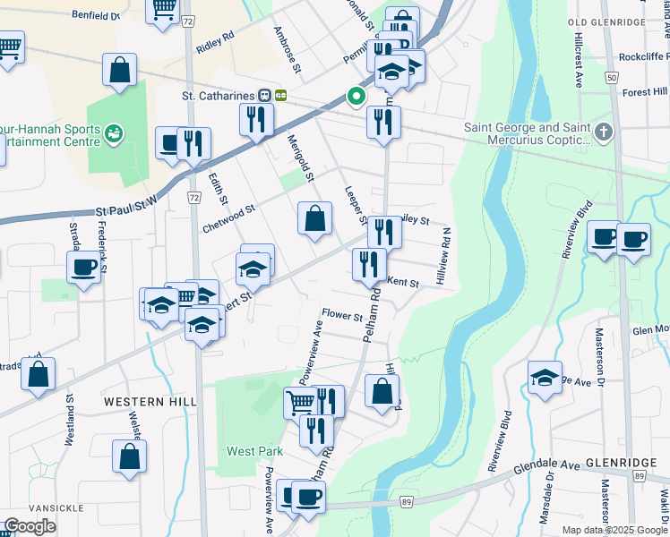 map of restaurants, bars, coffee shops, grocery stores, and more near in St. Catharines