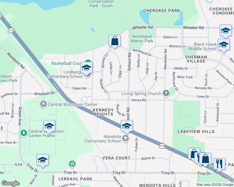 map of restaurants, bars, coffee shops, grocery stores, and more near 706 Havey Road in Madison