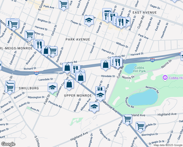 map of restaurants, bars, coffee shops, grocery stores, and more near Rosedale Street & Hinsdale Street in Rochester