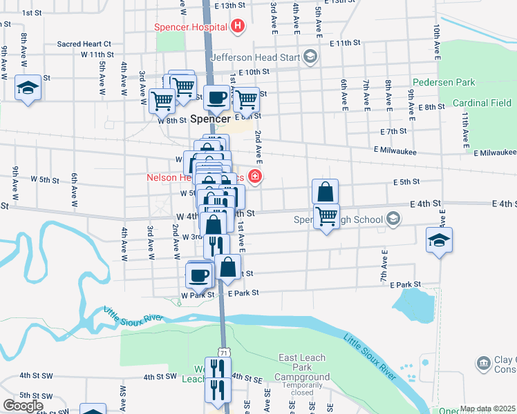 map of restaurants, bars, coffee shops, grocery stores, and more near 123 East 4th Street in Spencer