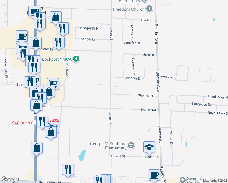 map of restaurants, bars, coffee shops, grocery stores, and more near 6355 Sherman Drive in Lockport