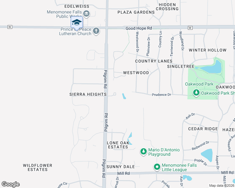 map of restaurants, bars, coffee shops, grocery stores, and more near N68W15321 Prudence Drive in Menomonee Falls