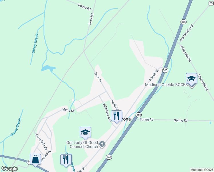 map of restaurants, bars, coffee shops, grocery stores, and more near 5780 Rock Road in Verona