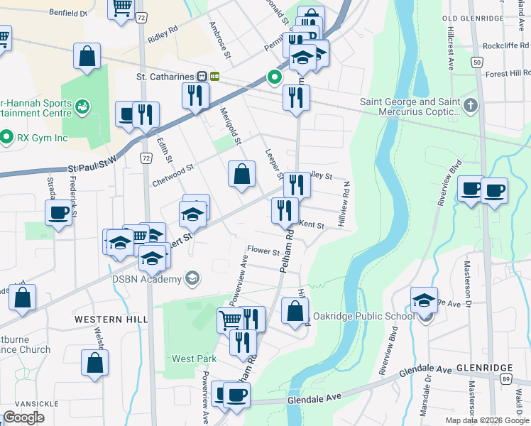 map of restaurants, bars, coffee shops, grocery stores, and more near 2 Kent Street in St. Catharines