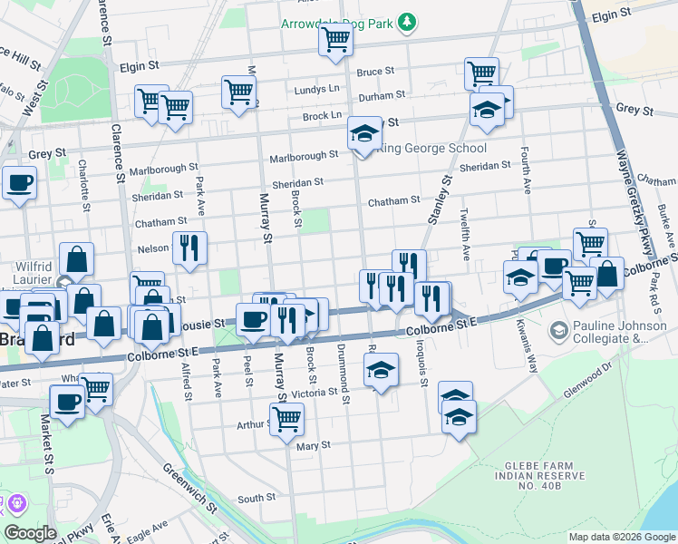 map of restaurants, bars, coffee shops, grocery stores, and more near 187 Drummond Street in Brantford