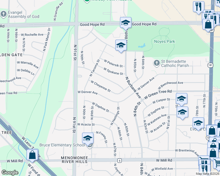 map of restaurants, bars, coffee shops, grocery stores, and more near 8668 West Cheyenne Street in Milwaukee