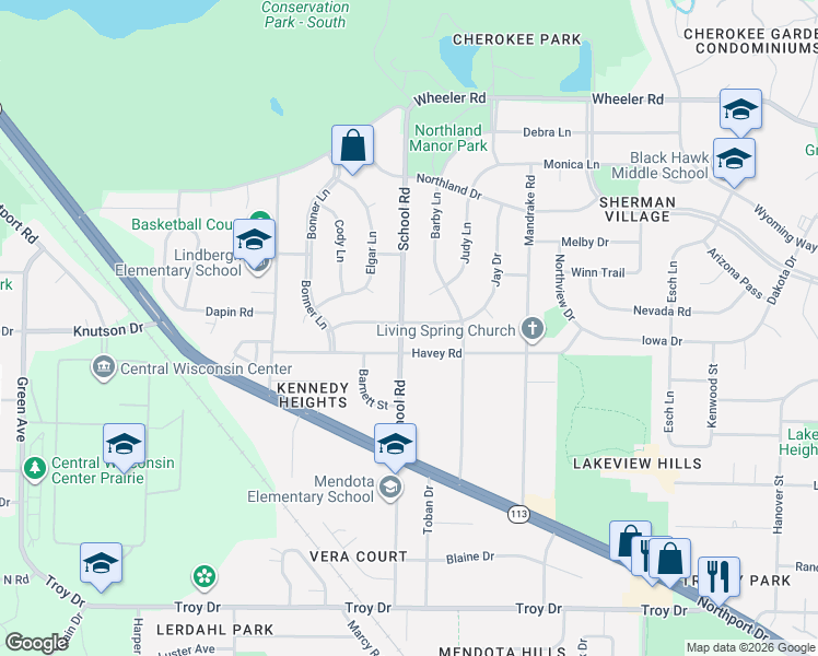 map of restaurants, bars, coffee shops, grocery stores, and more near 913 Nancy Lane in Madison