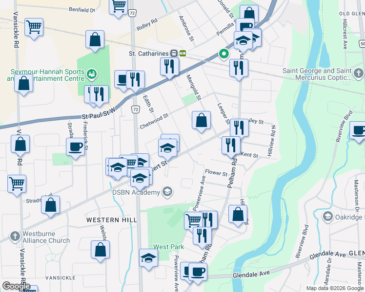 map of restaurants, bars, coffee shops, grocery stores, and more near 72 Churchill Street in St. Catharines