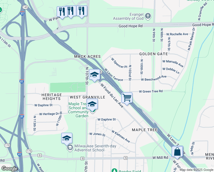 map of restaurants, bars, coffee shops, grocery stores, and more near 10450 West Fond Du Lac Avenue in Milwaukee