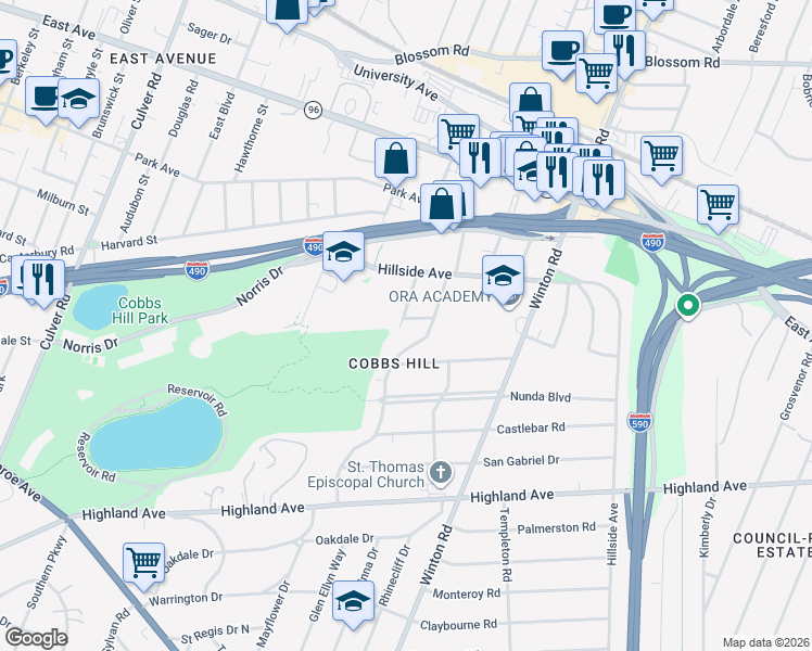 map of restaurants, bars, coffee shops, grocery stores, and more near 179 Cobbs Hill Drive in Rochester