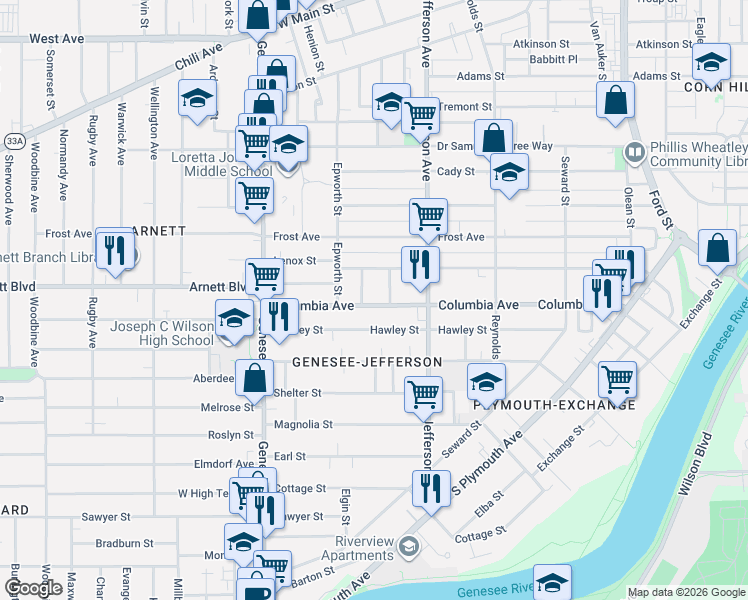 map of restaurants, bars, coffee shops, grocery stores, and more near 385 Columbia Avenue in Rochester