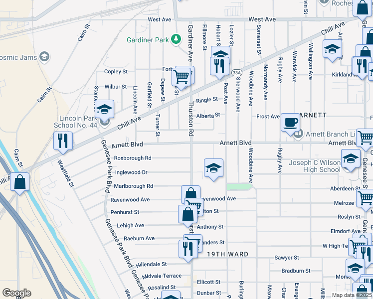 map of restaurants, bars, coffee shops, grocery stores, and more near 34 Roxborough Road in Rochester