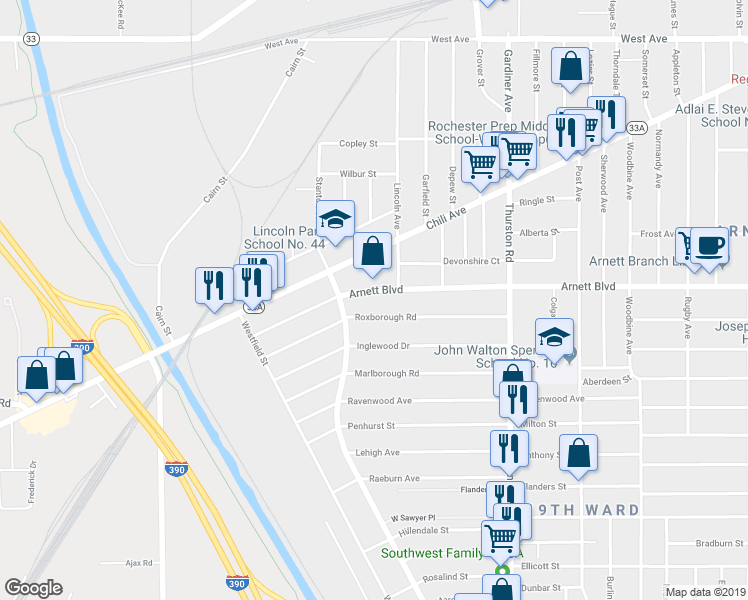 map of restaurants, bars, coffee shops, grocery stores, and more near 192 Roxborough Road in Rochester
