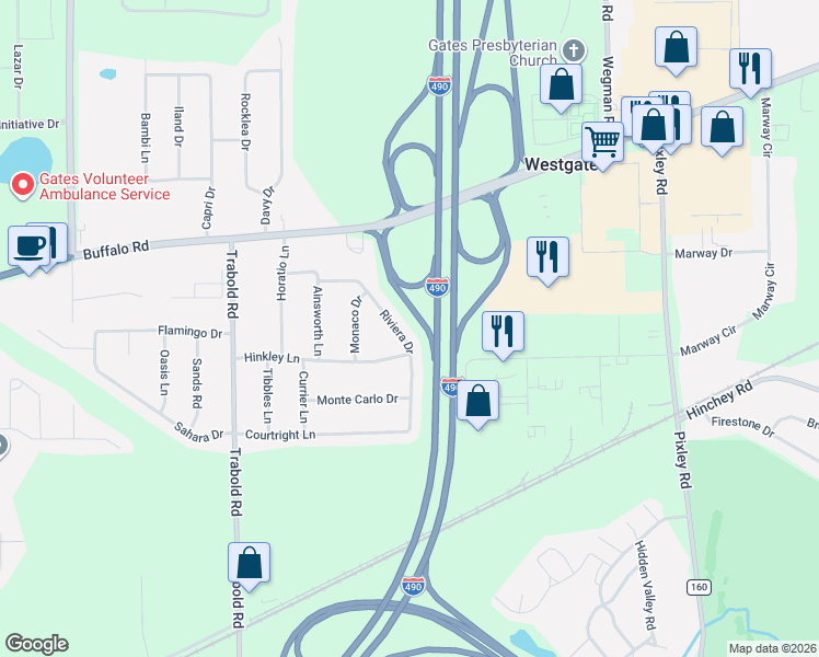 map of restaurants, bars, coffee shops, grocery stores, and more near 55 Riviera Drive in Rochester
