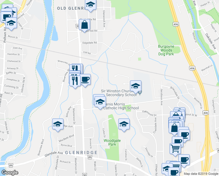 map of restaurants, bars, coffee shops, grocery stores, and more near 15 Towering Heights Boulevard in St. Catharines