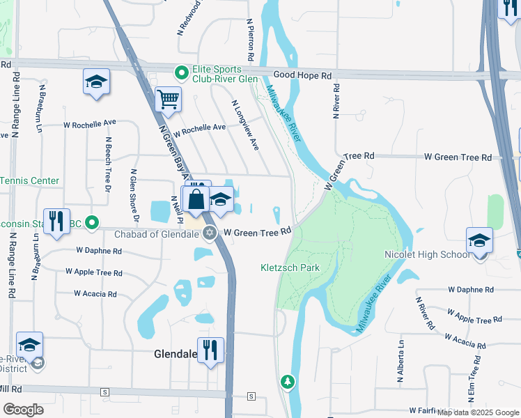 map of restaurants, bars, coffee shops, grocery stores, and more near 1600 West Green Tree Road in Glendale