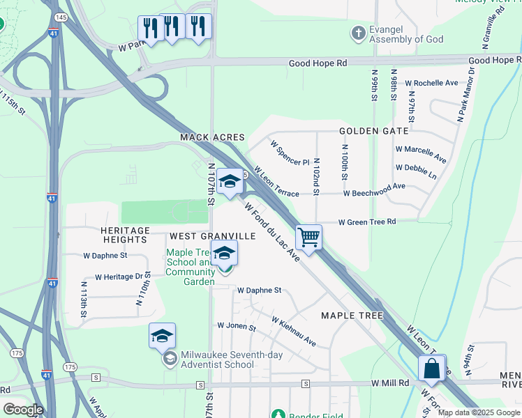 map of restaurants, bars, coffee shops, grocery stores, and more near 10460 West Fond Du Lac Avenue in Milwaukee