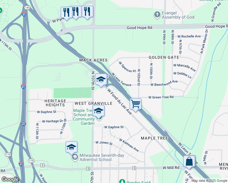 map of restaurants, bars, coffee shops, grocery stores, and more near 10460 West Fond Du Lac Avenue in Milwaukee