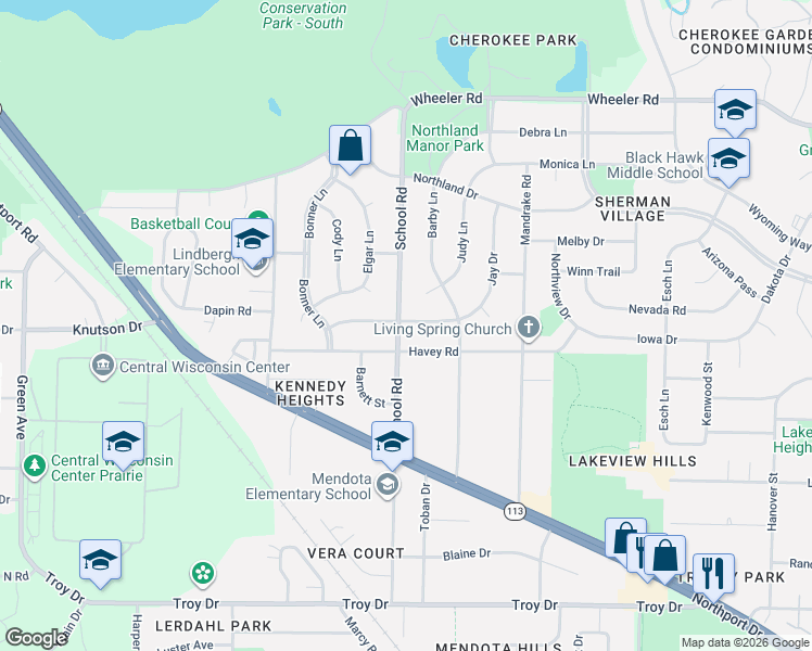 map of restaurants, bars, coffee shops, grocery stores, and more near 913 Nancy Lane in Madison