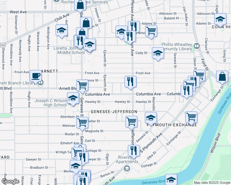 map of restaurants, bars, coffee shops, grocery stores, and more near 392 Columbia Avenue in Rochester