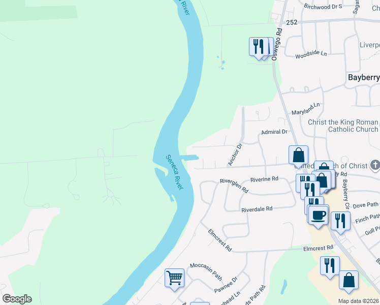 map of restaurants, bars, coffee shops, grocery stores, and more near 3991 Bay Park Drive in Liverpool