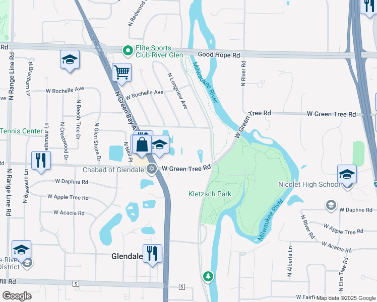 map of restaurants, bars, coffee shops, grocery stores, and more near 1600 West Green Tree Road in Glendale