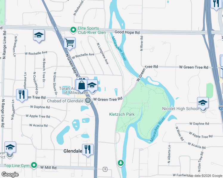 map of restaurants, bars, coffee shops, grocery stores, and more near 1600 West Green Tree Road in Glendale