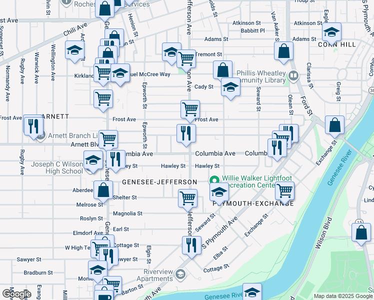 map of restaurants, bars, coffee shops, grocery stores, and more near 329 Columbia Avenue in Rochester